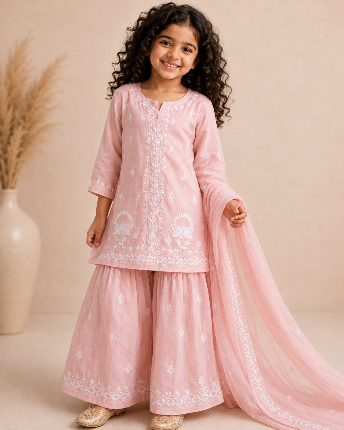 Girls Blush Pink Pure Georgette 4-Piece Handwork Chikankari Sharara Set