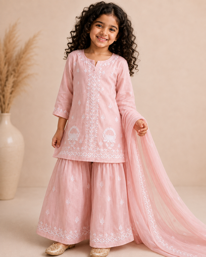 Girls Blush Pink Pure Georgette 4-Piece Handwork Chikankari Sharara Set