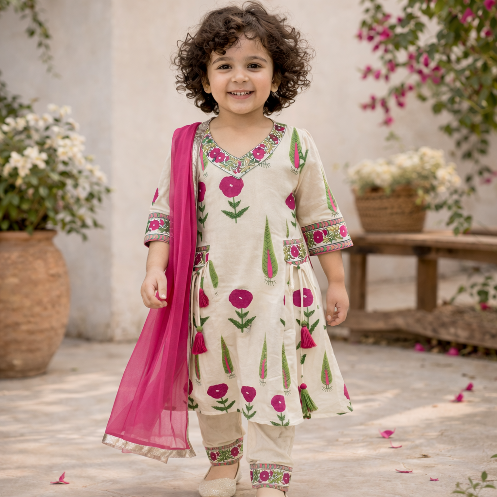 Girls Floral Handloom Cotton Kurta Set | Ethnic Wear (3M–15Y)Pink girl ethnic wear