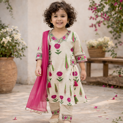 Girls Floral Handloom Cotton Kurta Set | Ethnic Wear (3M–15Y)Pink girl ethnic wear