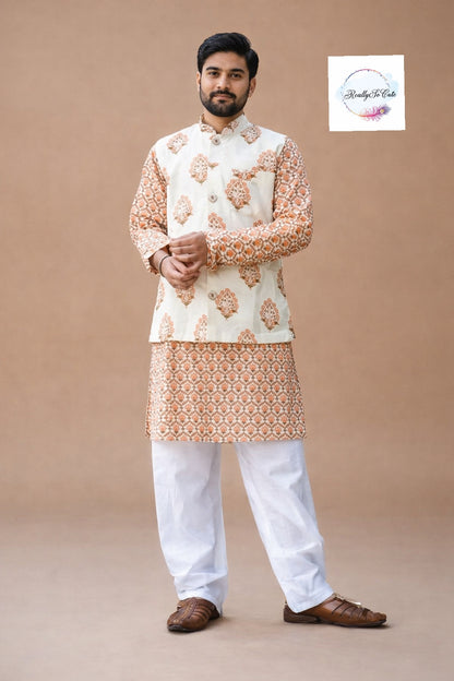 Men's Block print cotton kurta pajama,  kurta set with jacket.