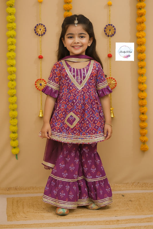 Purple patola girl kurti sharara set, cotton kurta sharara