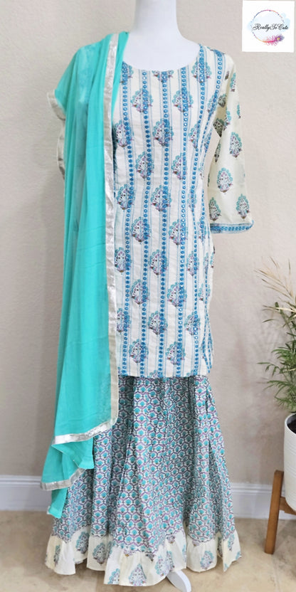 Aqua blue Block Print Cotton Kurta & Sharara Set for Women (Mom Only), block print set
