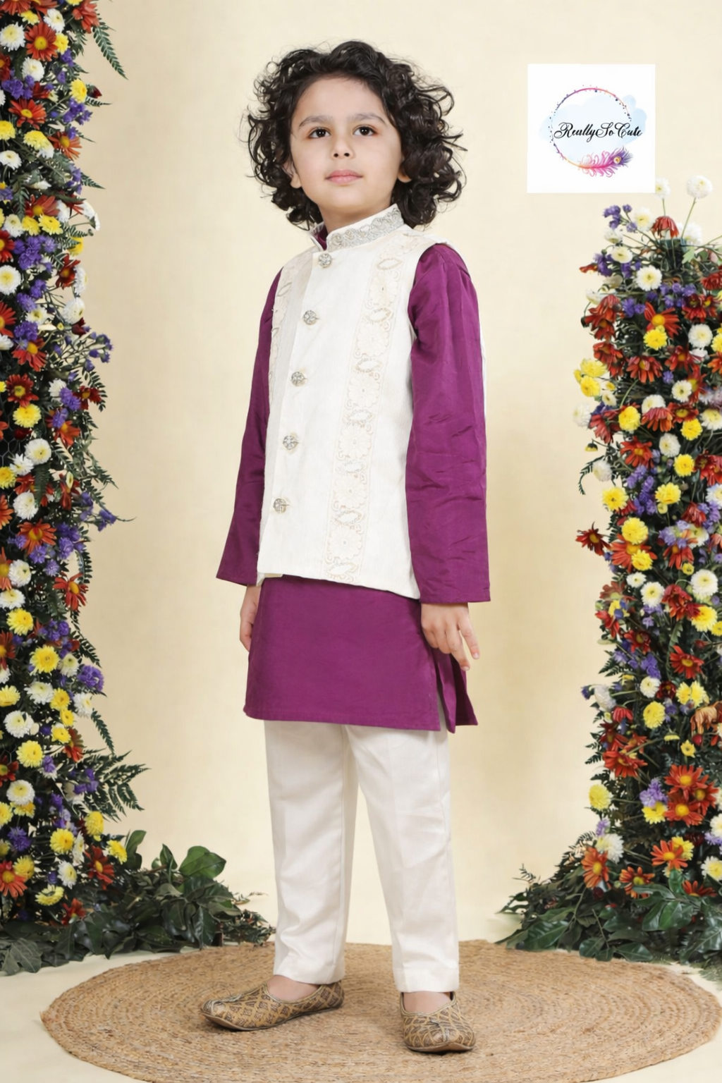 Royal Amethyst Chanderi Silk Kurta Set for Boys – Purple Floral Jacket & Ivory Pajama | Sibling Combo Available