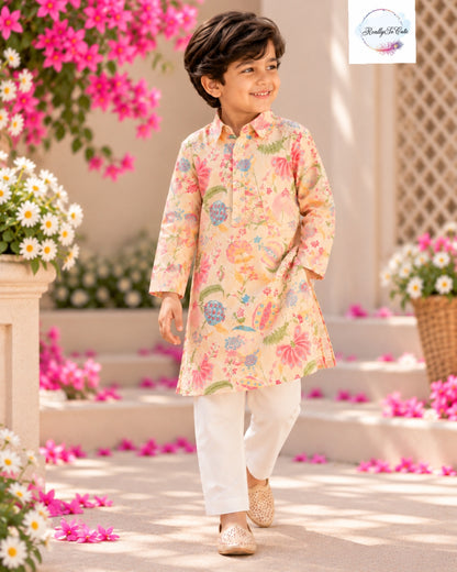 Boys Pure Cotton Floral Kurta Pajama | Sibling Matching Set