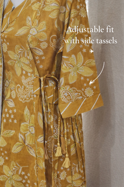 Mustard Floral Muslin Kurta Set for Women with Pockets | Mom & Me Matching Available | S–XXL