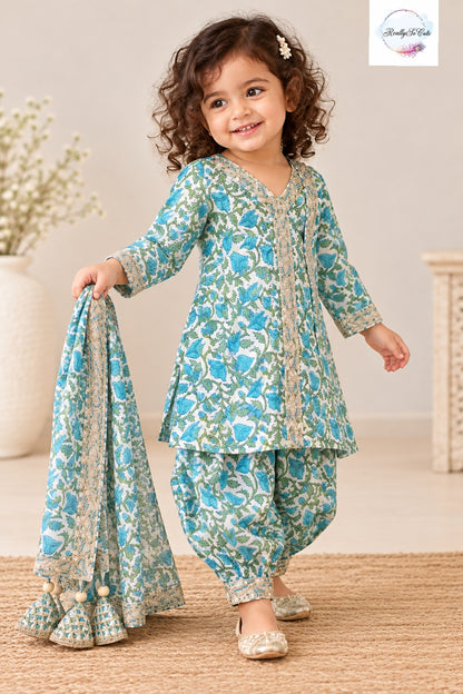 Girls Blue Floral Pure Cotton Kurta & Dhoti Pant Set with Dupatta | 3-Piece Traditional Ethnic Wear