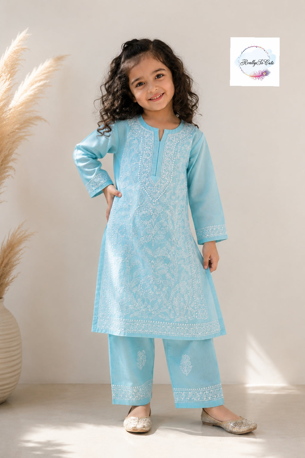 Blue Handwork Chikankari Cotton Kurta Pant Set for Girls