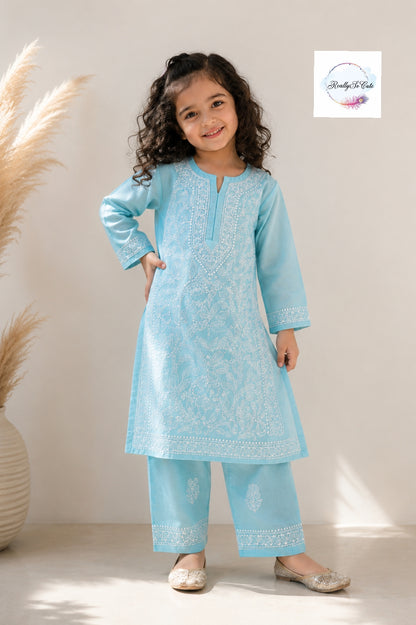 Blue Handwork Chikankari Cotton Kurta Pant Set for Girls