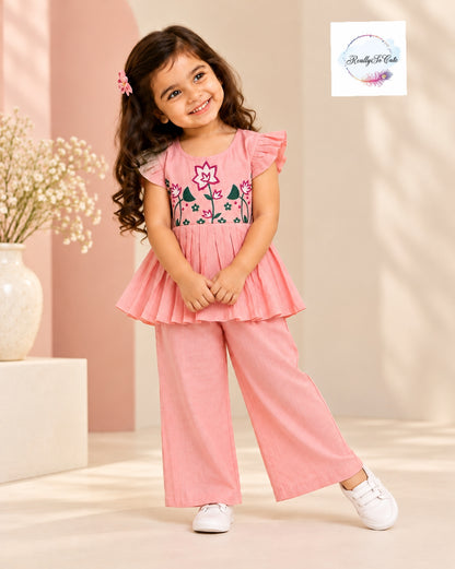 Girls Pink Floral Embroidered Chanderi Muslin Peplum Top & Pant Set