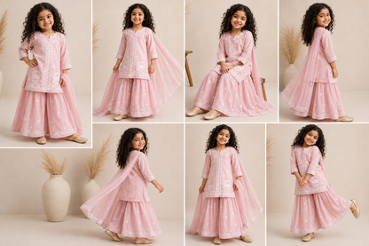 Girls Blush Pink Pure Georgette 4-Piece Handwork Chikankari Sharara Set