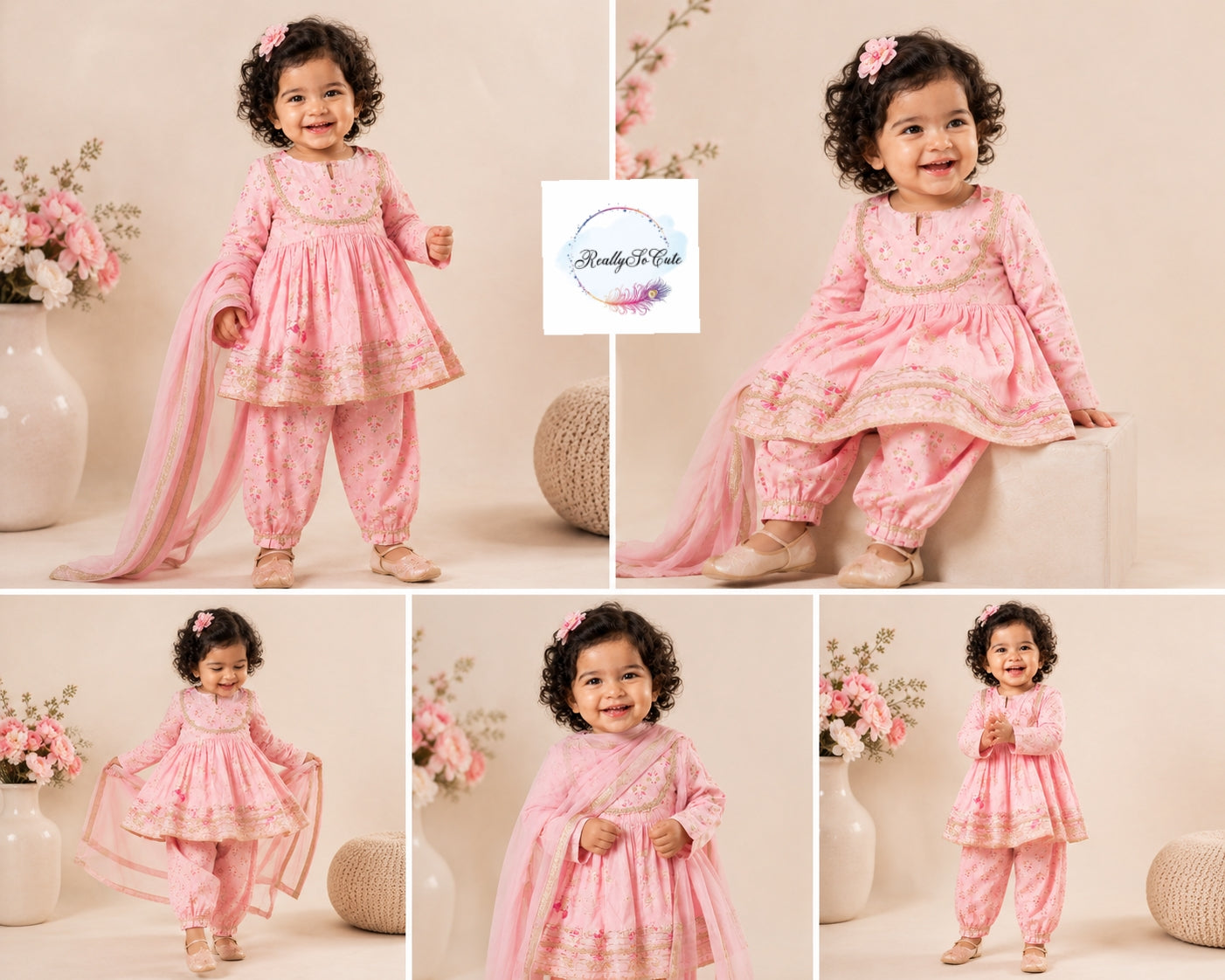 Blush Pink Floral Pure Cotton Girls Kurti Dhoti Set with Dupatta