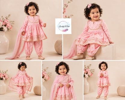 Blush Pink Floral Pure Cotton Girls Kurti Dhoti Set with Dupatta