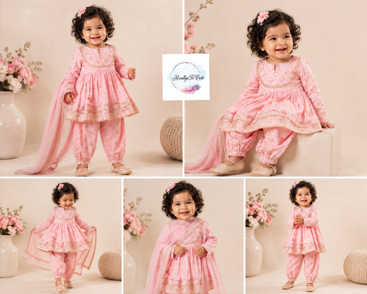 Blush Pink Floral Pure Cotton Girls Kurti Dhoti Set with Dupatta