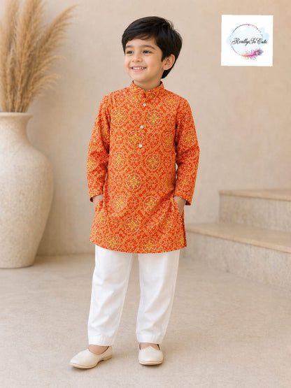 Orange Bandhani Print Boys Kurta Pajama Set in Soft Cotton, Kids Bandhani Outfit USA