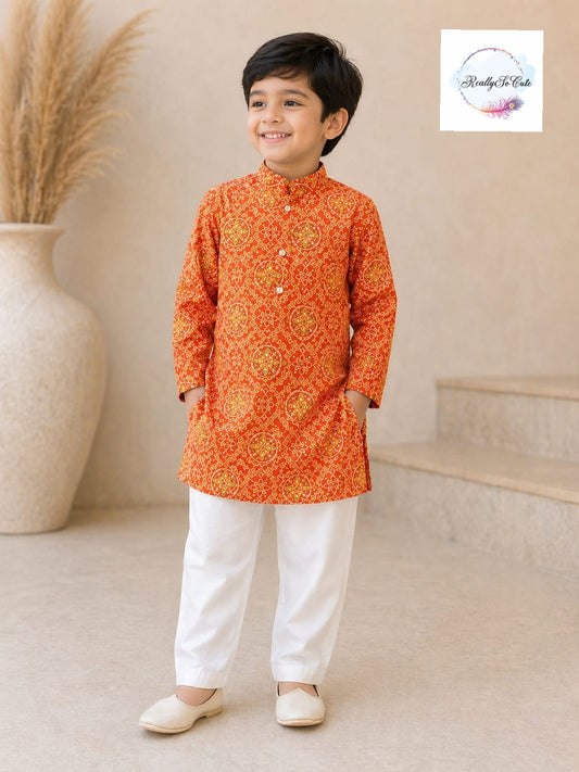Orange Bandhani Print Boys Kurta Pajama Set in Soft Cotton