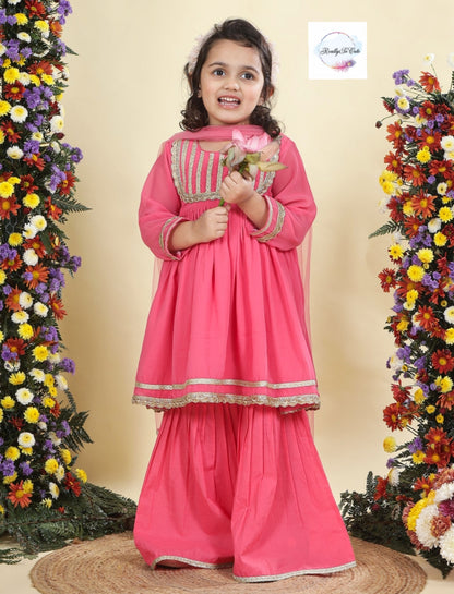 Coral Girls 3 piece sharara Kurti set, Soft Georgette kurti sharara set