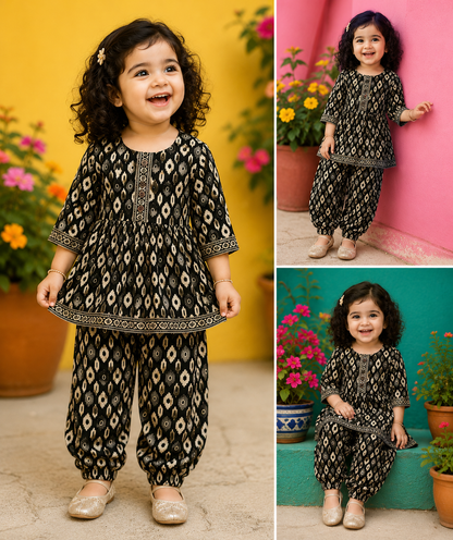 Black Ikkat Print Pure Cotton Co-Ord Set for Girls | Kurti & Relaxed Pants | Sizes 18M–8 Years |