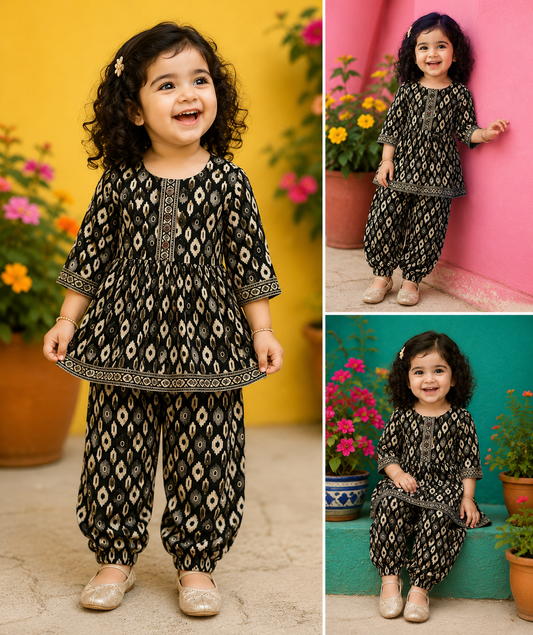 Black Ikkat Print Pure Cotton Co-Ord Set for Girls | Kurti & Relaxed Pants | Sizes 18M–8 Years |