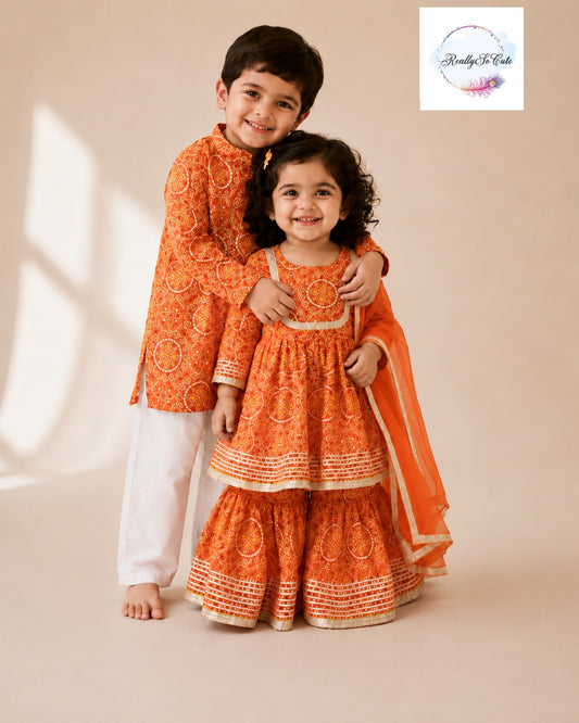 Orange Bandhani Print Boys Kurta Pajama Set in Soft Cotton