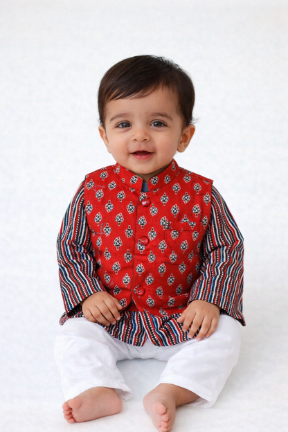 Boys  cotton kurta pajama with jacket, Ajrak red cotton kurta set