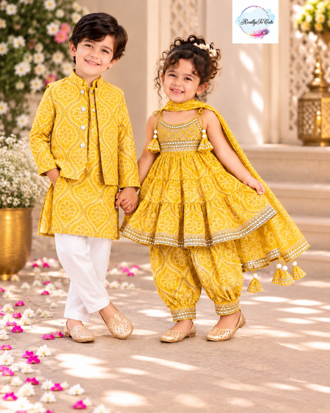 Yellow Bandhani Muslin Cotton Afghan Salwar Set, sibling combo