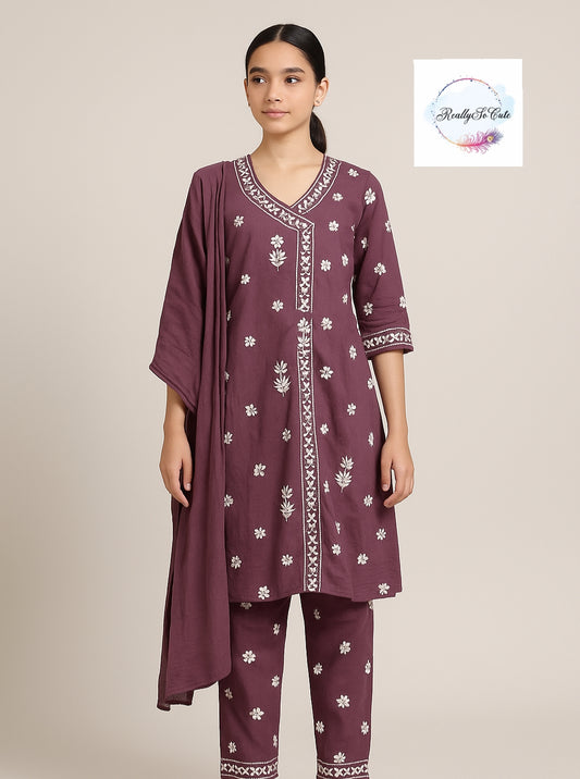 Girls Chikankari Kurtis pant Set, Girls Modal Chikankari Dress