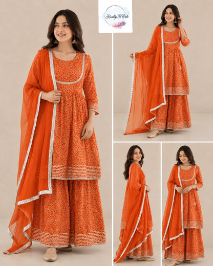 Orange Bandhani Cotton Kurta Set for Women with Dupatta | Pure Cotton Ethnic Wear | Sizes S–XXL
