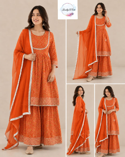Orange Bandhani Cotton Kurta Set for Women with Dupatta | Pure Cotton Ethnic Wear | Sizes S–XXL