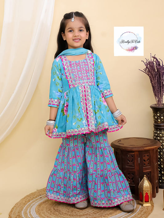 Blue floral girl kurti sharara set, cotton kurta sharara