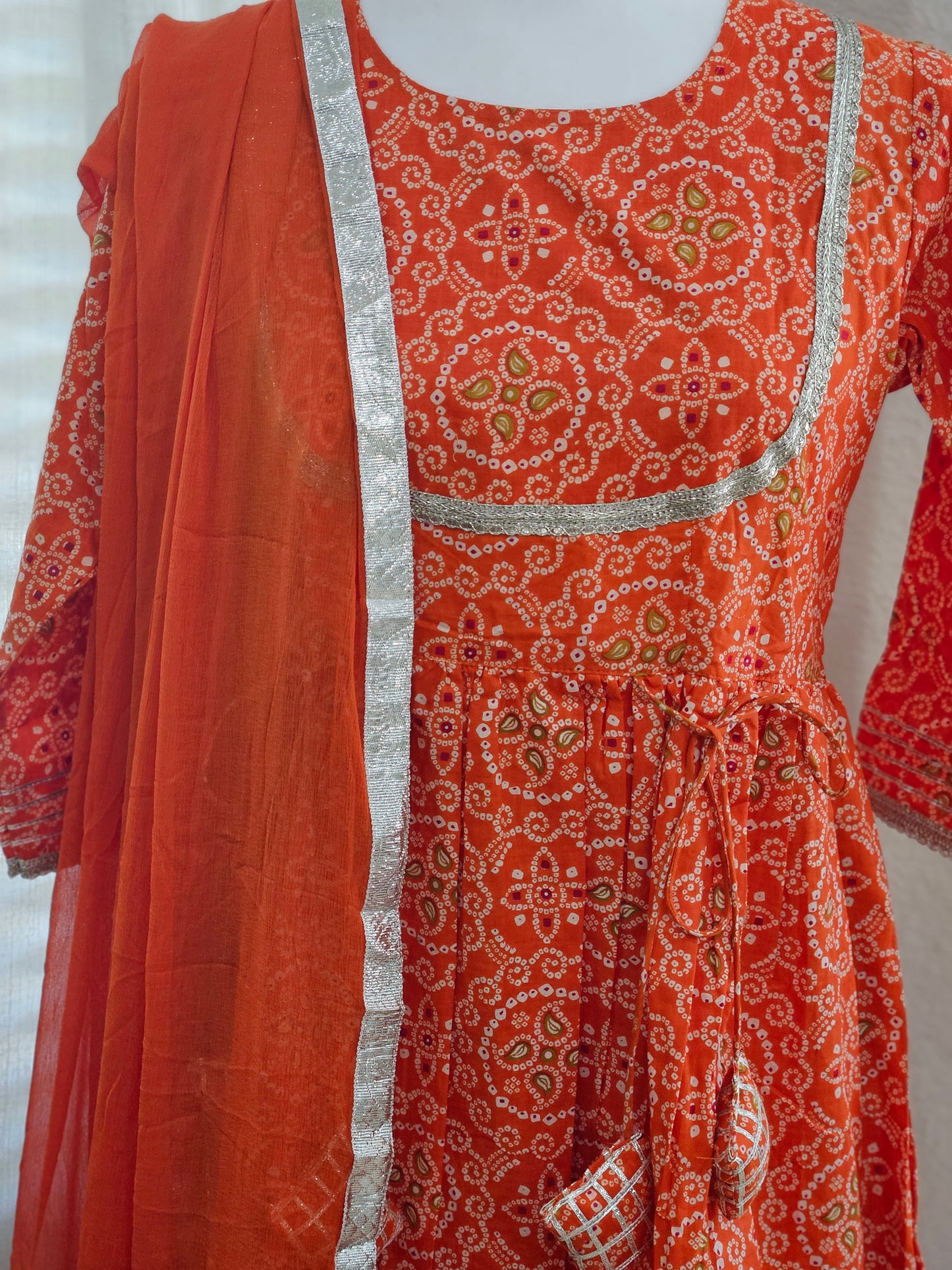 Girls Orange Bandhani Print Cotton Kurti Sharara Set with Dupatta, Kids Bandhani Outfit USA