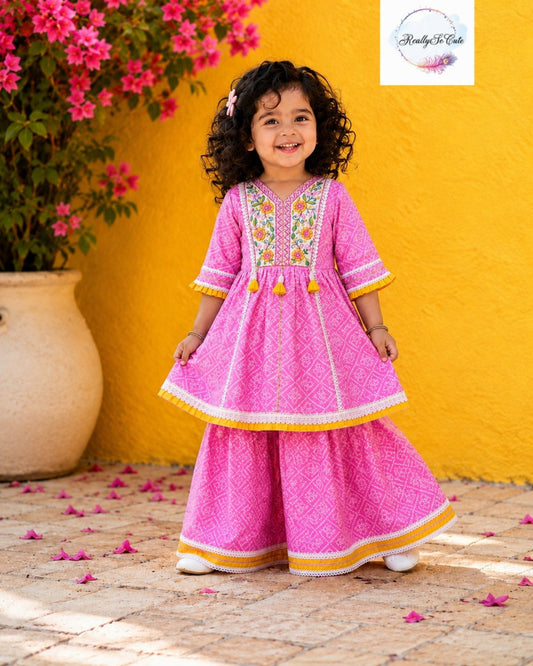 Pink Hand Block Print Cotton Sharara Set for Girls | Pure Cotton Ethnic Wear with Tassel Tie | Sizes 3M–10 Years