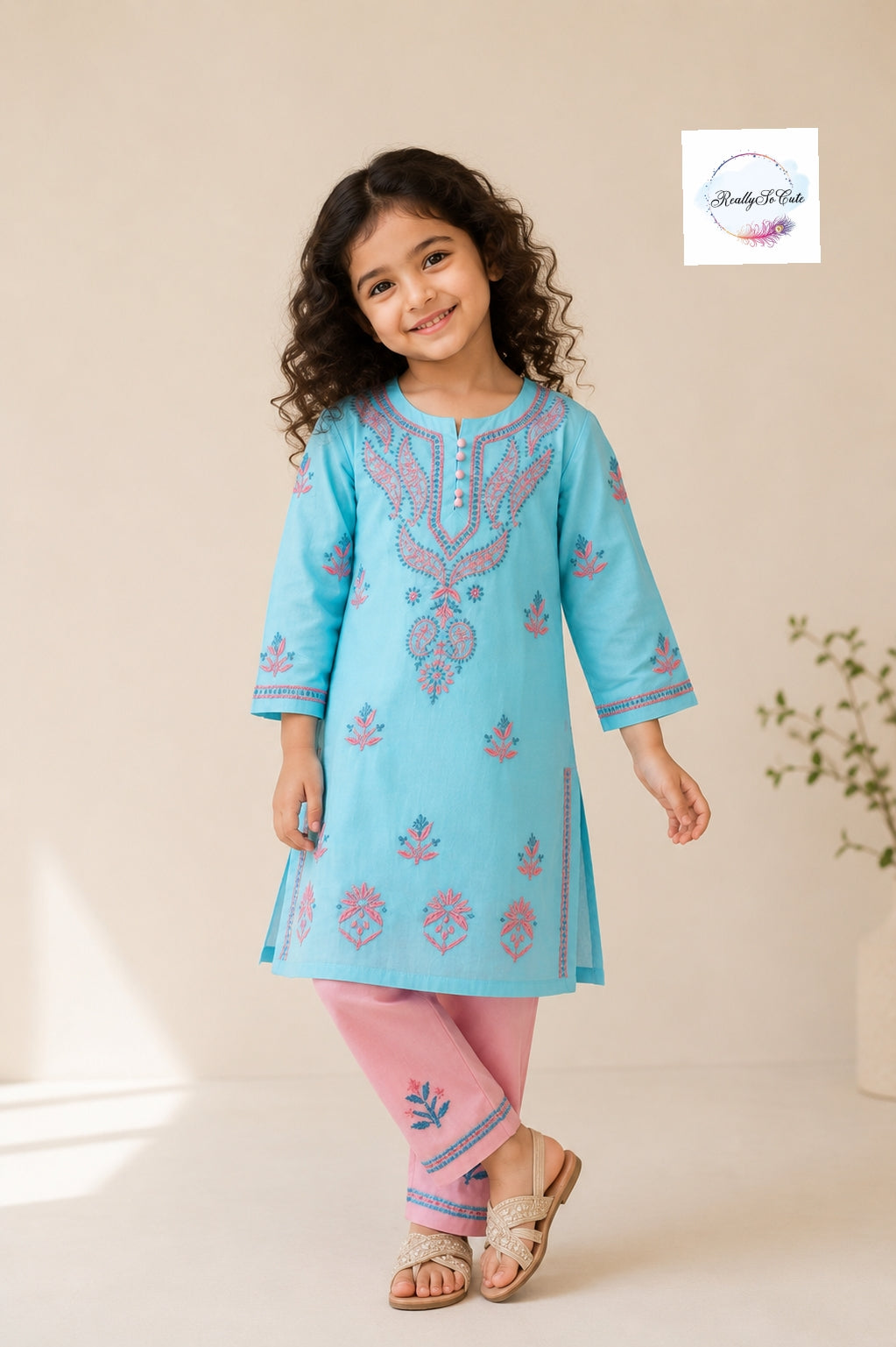 Girls Aqua Blue Handwork Chikankari Pure Cotton Kurta Pant Set