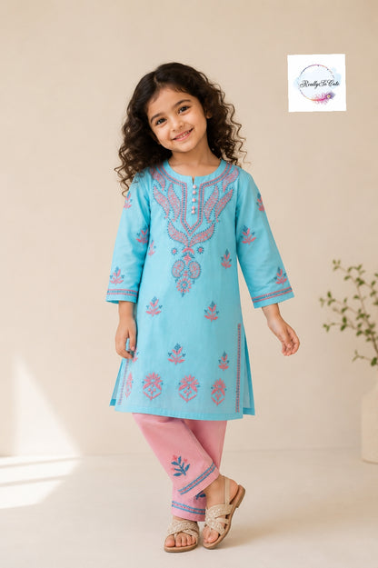 Girls Aqua Blue Handwork Chikankari Pure Cotton Kurta Pant Set