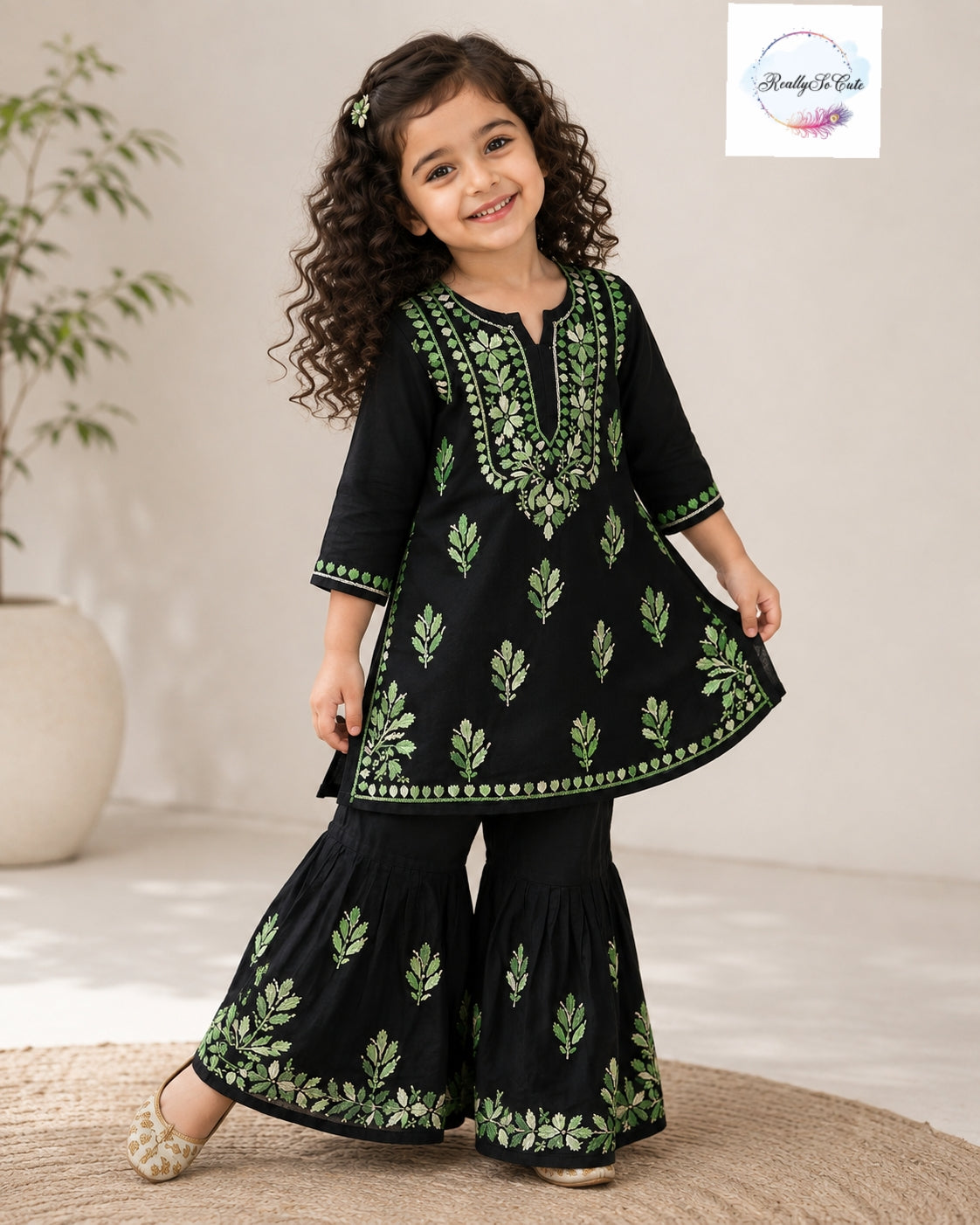 Girls Black & Green Handwork Chikankari Sharara Set | Soft Cotton