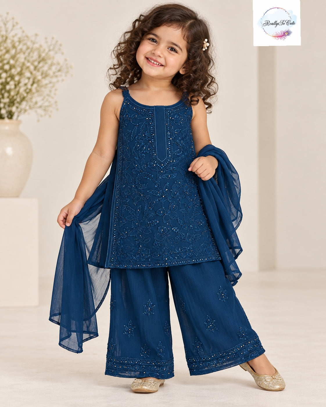 Royal Blue Kids Pure Georgette Handwork Chikankari Set