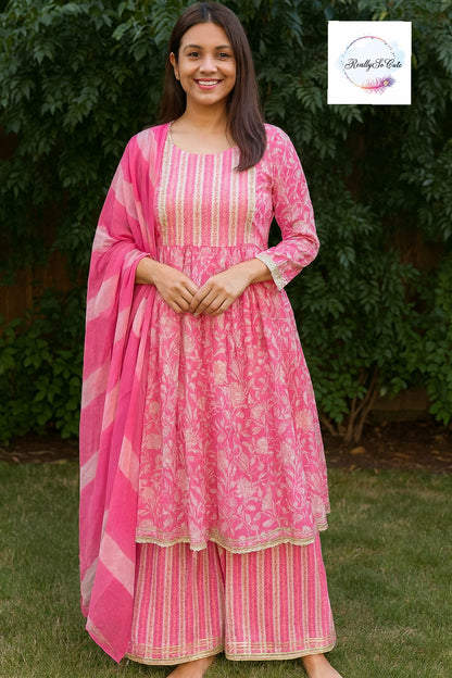 Soft cotton kurti sharara set, pink mom and me set