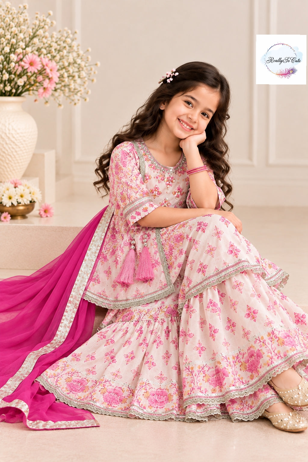 Girls Pink Floral Pure Cotton Sharara Set with Dupatta | Kids Ethnic Wear