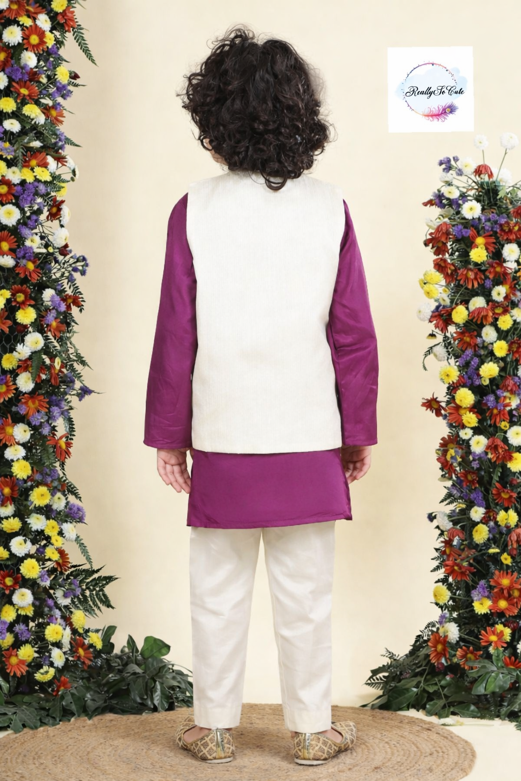 Royal Amethyst Chanderi Silk Kurta Set for Boys – Purple Floral Jacket & Ivory Pajama | Sibling Combo Available