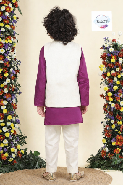 Royal Amethyst Chanderi Silk Kurta Set for Boys – Purple Floral Jacket & Ivory Pajama | Sibling Combo Available
