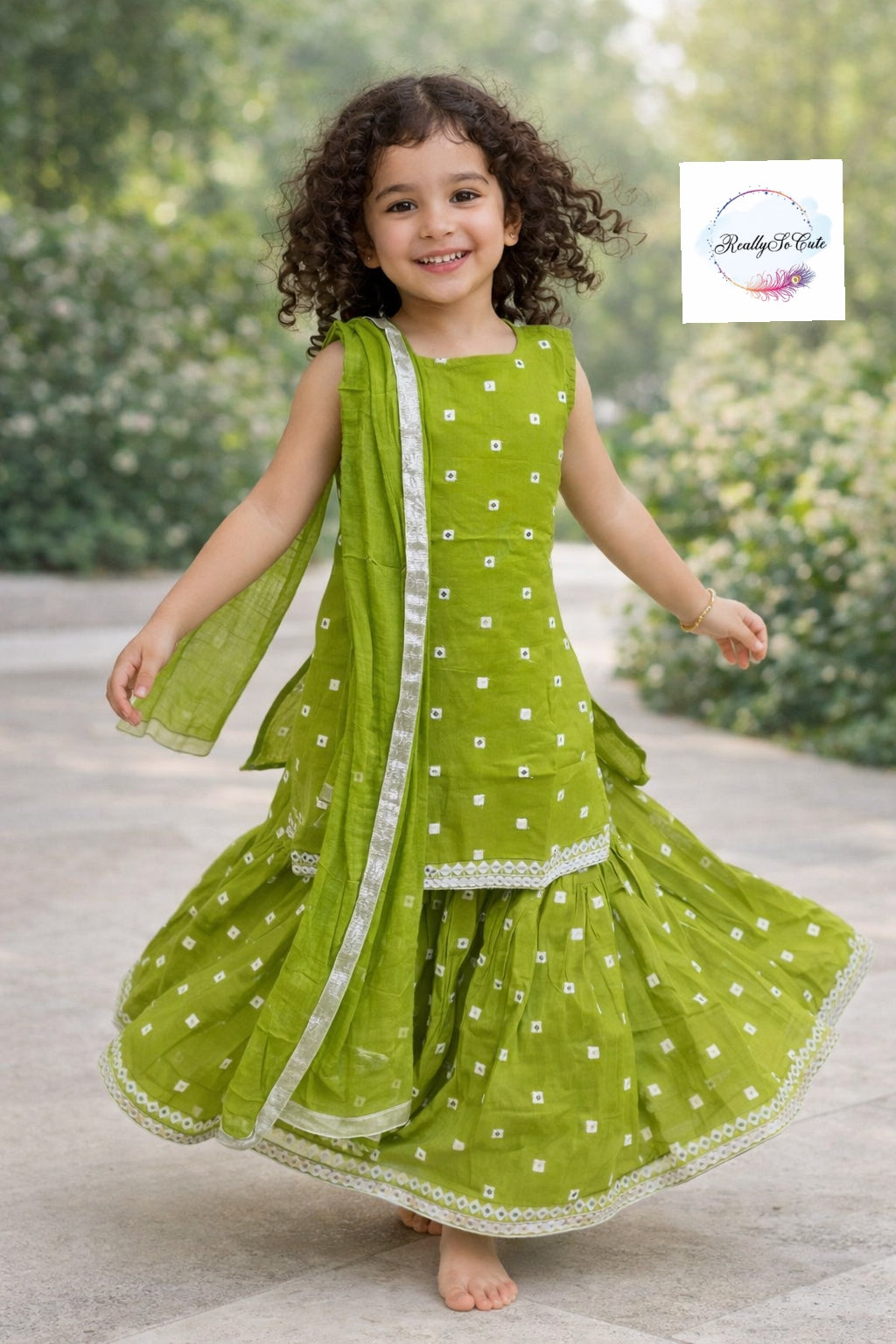 Girls Soft Cotton Mirror Work Kurta Sharara Set with Dupatta | Sleeveless Ethnic Outfit (3M–15Y)