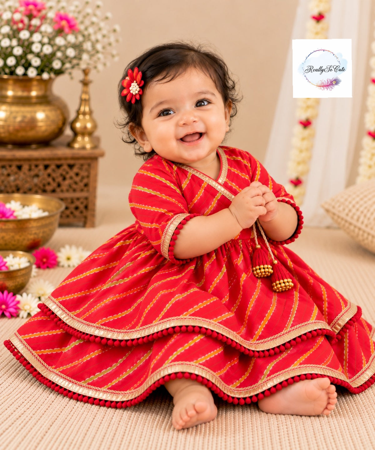 Baby red Leheriya Print Pure Cotton Angrakha lehagna Set | 0–2Y