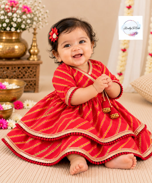 Baby red Leheriya Print Pure Cotton Angrakha lehagna Set | 0–2Y