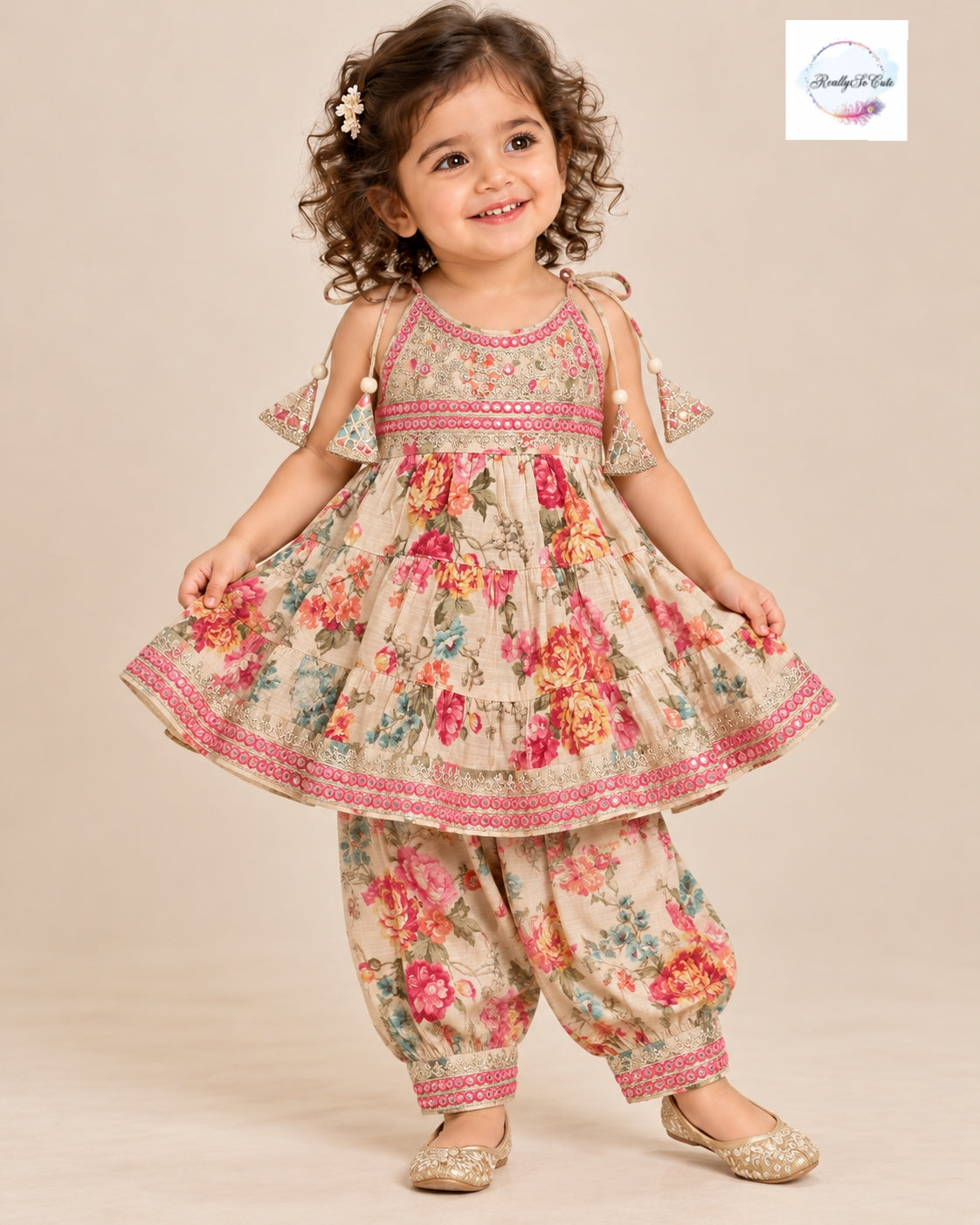 Girls Floral Print Muslin Cotton Kurti with Afghani Pants Set | Traditional Ethnic Wear