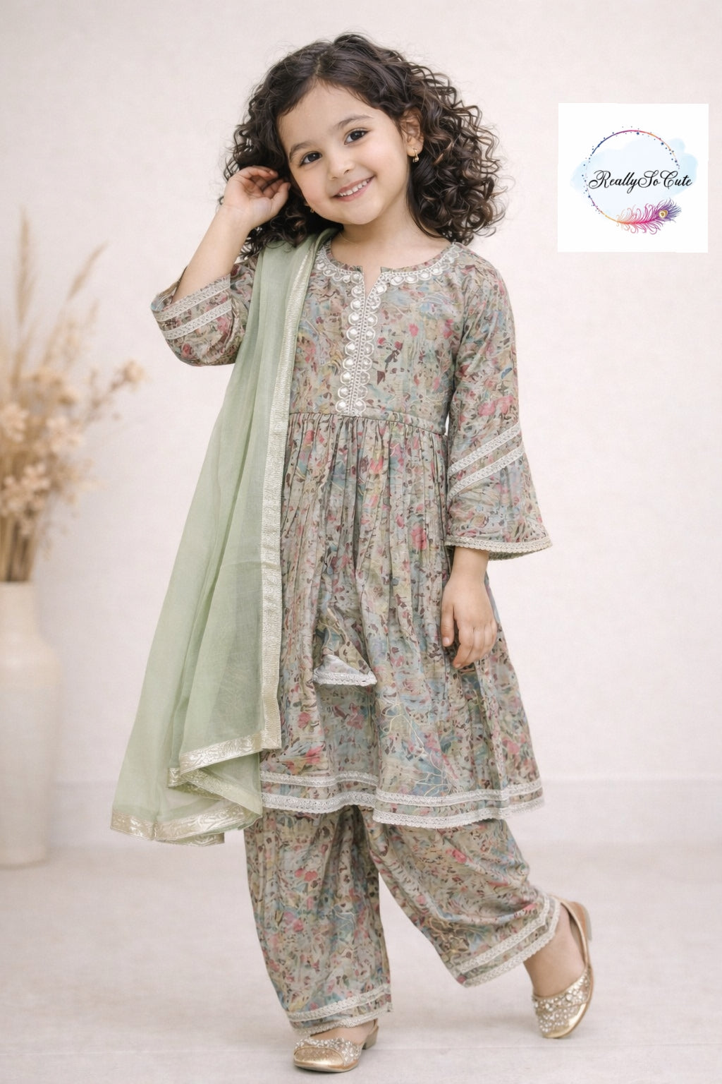 Sage green Muslin Kurta Set for Girls with Pockets | Soft Floral Ethnic Wear (3M–14Y)