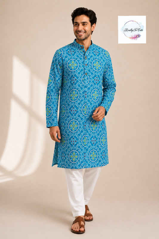 Blue Bandhani Print Pure Cotton Men’s Kurta Pajama Set | Sizes S–XXXL | Family Combo Available