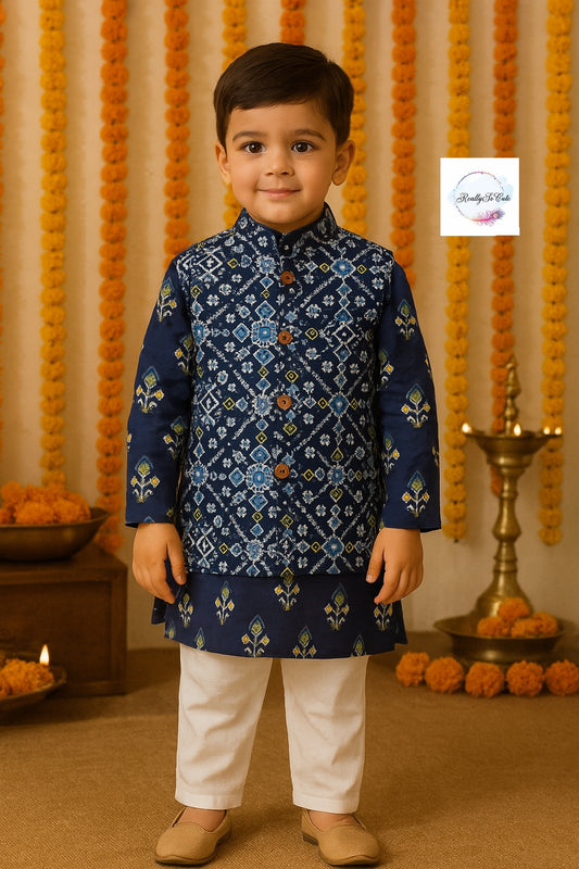 Boys' patola blue kurta pajama with jacket, cotton kurta pajama