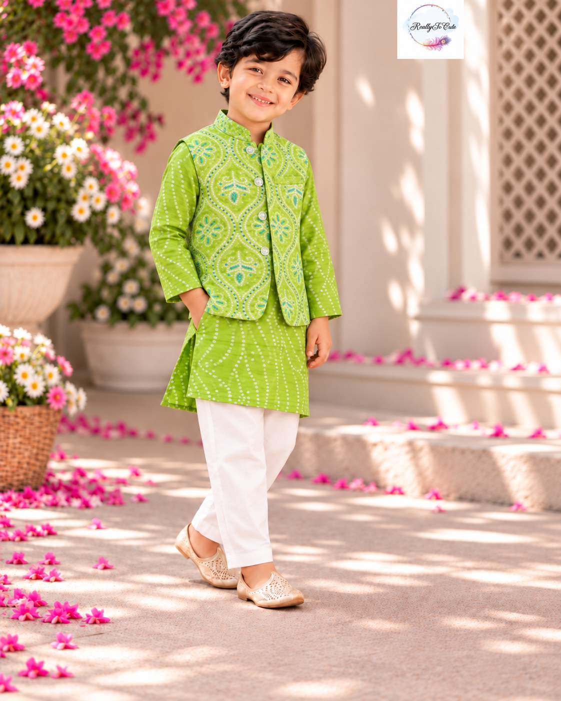 Boys green Bandhani Kurta Pajama Jacket Set