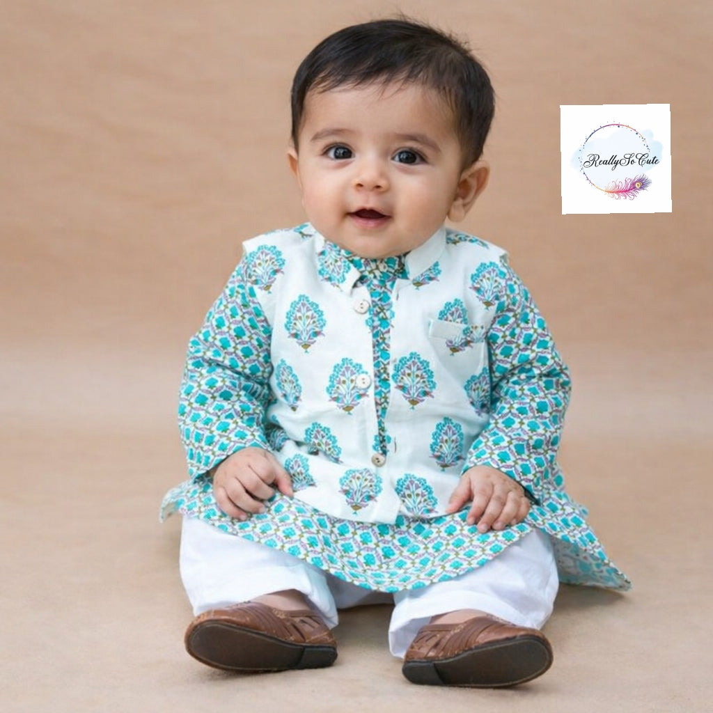 Aqua Blue block print jacket kurta pajama set, boy kurta pajama