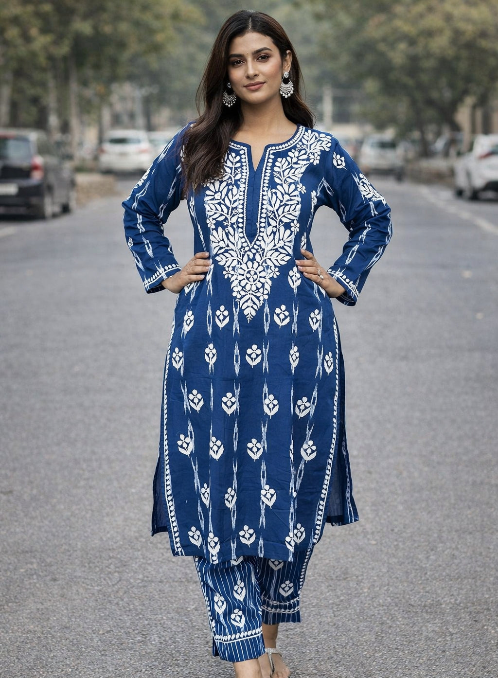 Chikankari Ikkat Cotton Full set (Blue)